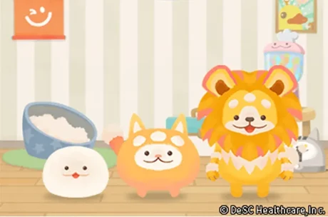 kencom のゲームパート。3体のキャラクターが部屋に並んだ画面