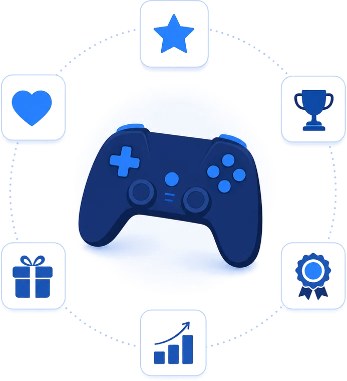 ゲームコントローラーを中心に、達成・報酬・成長などの要素が循環していることを表した概念図