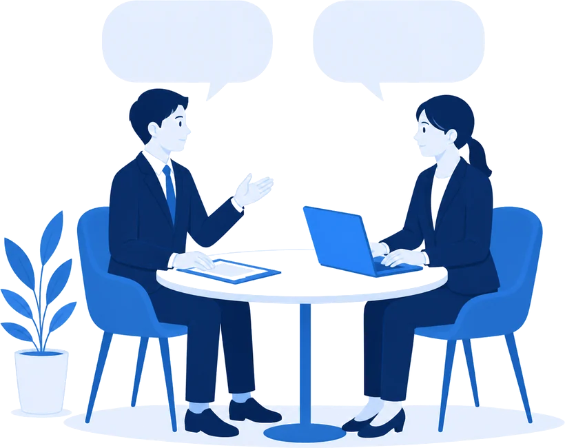 担当者が課題を相談している打ち合わせの様子を表したイラスト