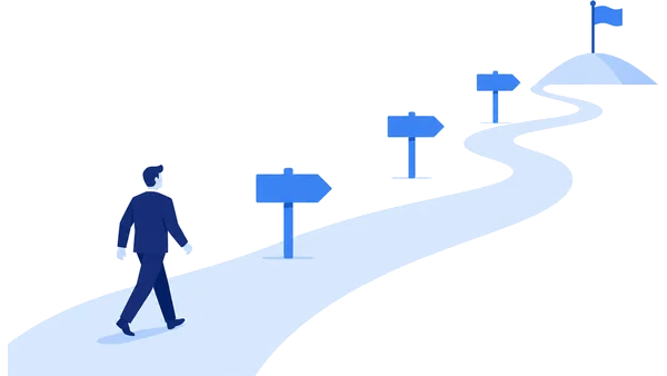 道しるべに導かれながら、目的地の旗に向かって道を進んでいく様子を表したイラスト