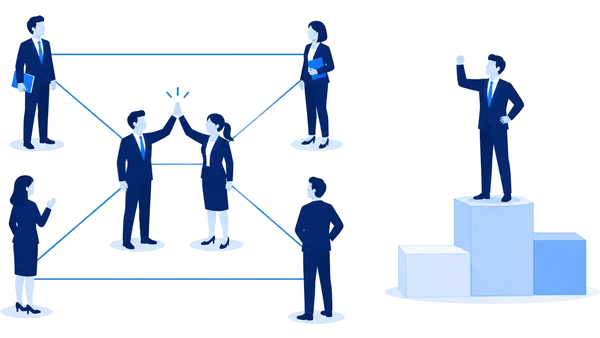 人どうしが線でつながり、協力し合う様子と表彰台を表したイラスト